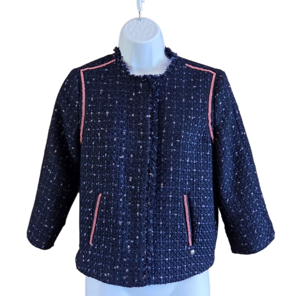 Garcia Italy Tweed Crop Jacket Navy Blue Metallic Threading Pink Beaded Size XS